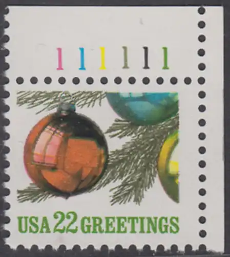 USA Michel 1958 / Scott 2368 postfrisch EINZELMARKE ECKRAND oben rechts m/ Platten-# 111111 - Weihnachten: Christbaumkugeln