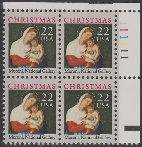 USA Michel 1959 / Scott 2367 postfrisch PLATEBLOCK ECKRAND oben rechts m/ Platten-# 111111 - Weihnachten: Maria mit dem Kind