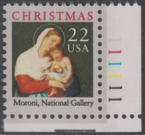 USA Michel 1959 / Scott 2367 postfrisch EINZELMARKE ECKRAND unten rechts m/ Platten-# 111111 - Weihnachten: Maria mit dem Kind