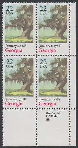 USA Michel 1960 / Scott 2339 postfrisch ZIP-BLOCK (lr) - 200. Jahrestag der Ratifizierung der Verfassung durch den Staat Georgia: Eiche