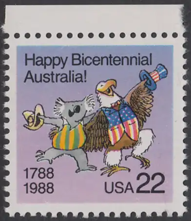 USA Michel 1963 / Scott 2370 postfrisch EINZELMARKE RAND oben - 200 Jahre Kolonisierung von Australien: Koalabär und Seeadler