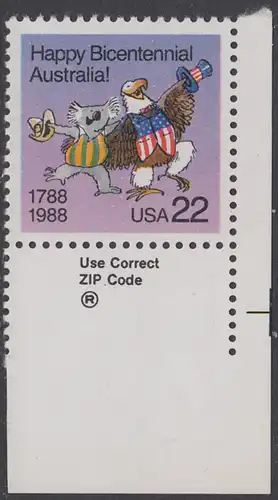USA Michel 1963 / Scott 2370 postfrisch EINZELMARKE ECKRAND unten rechts m/ ZIP-Emblem - 200 Jahre Kolonisierung von Australien: Koalabär und Seeadler