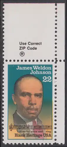 USA Michel 1964 / Scott 2371 postfrisch EINZELMARKE ECKRAND oben rechts m/ ZIP-Emblem - Schwarzamerikanisches Erbe: James Weldon Johnson (1871-1938), Schriftsteller