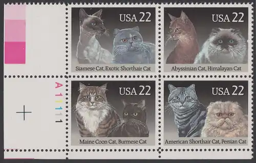 USA Michel 1965-1968 / Scott 2372-2375 postfrisch PLATEBLOCK ECKRAND unten links m/ Platten-# A11111 - Katzenrassen