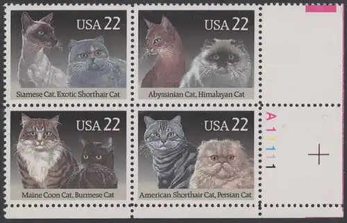 USA Michel 1965-1968 / Scott 2372-2375 postfrisch PLATEBLOCK ECKRAND unten rechts m/ Platten-# A11111 - Katzenrassen