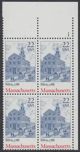 USA Michel 1969 / Scott 2341 postfrisch PLATEBLOCK ECKRAND oben rechts m/ Platten-# 1 - 200. Jahrestag der Ratifizierung der Verfassung durch den Staat Massachusetts: The Old Statehouse, Boston