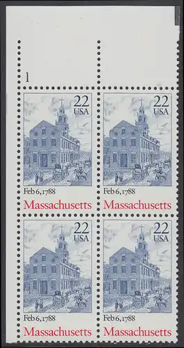 USA Michel 1969 / Scott 2341 postfrisch PLATEBLOCK ECKRAND oben links m/ Platten-# 1 - 200. Jahrestag der Ratifizierung der Verfassung durch den Staat Massachusetts: The Old Statehouse, Boston