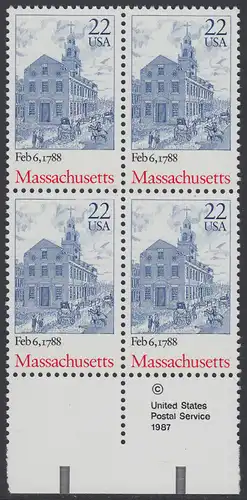 USA Michel 1969 / Scott 2341 postfrisch BLOCK RÄNDER unten m/ copyright symbol - 200. Jahrestag der Ratifizierung der Verfassung durch den Staat Massachusetts: The Old Statehouse, Boston