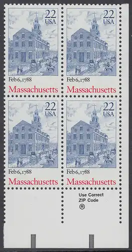 USA Michel 1969 / Scott 2341 postfrisch ZIP-BLOCK (lr) - 200. Jahrestag der Ratifizierung der Verfassung durch den Staat Massachusetts: The Old Statehouse, Boston