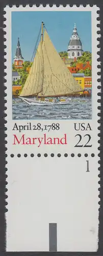 USA Michel 1970 / Scott 2342 postfrisch EINZELMARKE RAND unten m/ Platten-# 1 - 200. Jahrestag der Ratifizierung der Verfassung durch den Staat Maryland: Segelboot Clarence Crocket vor Annapolis