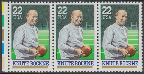 USA Michel 1972 / Scott 2376 postfrisch horiz.STRIP(3) RAND links - Sportler: Knute Rockne (1888-1931), Football-Spieler und -Trainer