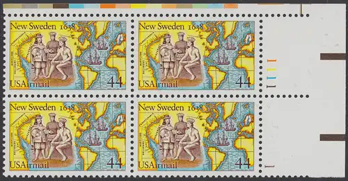 USA Michel 1974 / Scott C117 postfrisch PLATEBLOCK ECKRAND oben rechts m/ Platten-# 1111 - 350. Jahrestag der Gründung von Neu-Schweden; Kolonisten und Indianer beim Tauschhandel, Landkarten