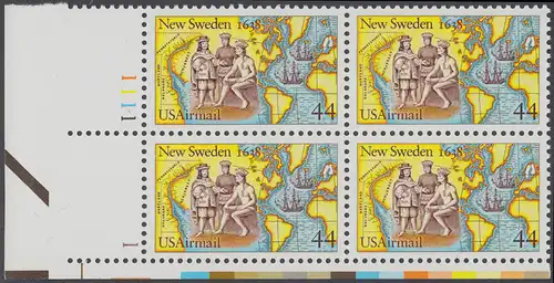 USA Michel 1974 / Scott C117 postfrisch PLATEBLOCK ECKRAND unten links m/ Platten-# 1111 - 350. Jahrestag der Gründung von Neu-Schweden; Kolonisten und Indianer beim Tauschhandel, Landkarten