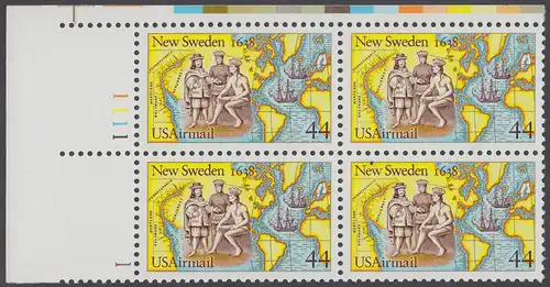 USA Michel 1974 / Scott C117 postfrisch PLATEBLOCK ECKRAND oben links m/ Platten-# 1111 - 350. Jahrestag der Gründung von Neu-Schweden; Kolonisten und Indianer beim Tauschhandel, Landkarten