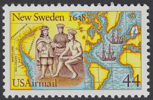 USA Michel 1974 / Scott C117 postfrisch EINZELMARKE - 350. Jahrestag der Gründung von Neu-Schweden; Kolonisten und Indianer beim Tauschhandel, Landkarten