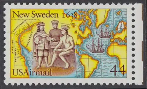 USA Michel 1974 / Scott C117 postfrisch EINZELMARKE RAND rechts - 350. Jahrestag der Gründung von Neu-Schweden; Kolonisten und Indianer beim Tauschhandel, Landkarten