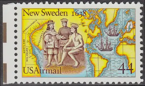 USA Michel 1974 / Scott C117 postfrisch EINZELMARKE RAND links - 350. Jahrestag der Gründung von Neu-Schweden; Kolonisten und Indianer beim Tauschhandel, Landkarten