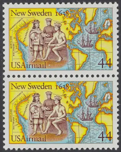 USA Michel 1974 / Scott C117 postfrisch vert.PAAR - 350. Jahrestag der Gründung von Neu-Schweden; Kolonisten und Indianer beim Tauschhandel, Landkarten