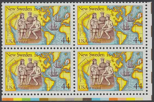 USA Michel 1974 / Scott C117 postfrisch BLOCK ECKRAND unten rechts - 350. Jahrestag der Gründung von Neu-Schweden; Kolonisten und Indianer beim Tauschhandel, Landkarten