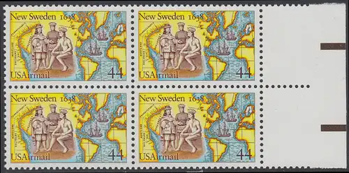 USA Michel 1974 / Scott C117 postfrisch BLOCK RÄNDER rechts (a2) - 350. Jahrestag der Gründung von Neu-Schweden; Kolonisten und Indianer beim Tauschhandel, Landkarten
