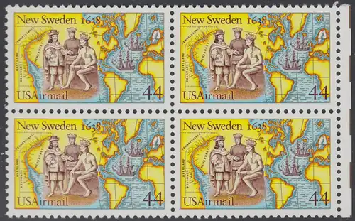 USA Michel 1974 / Scott C117 postfrisch BLOCK RÄNDER rechts (a1) - 350. Jahrestag der Gründung von Neu-Schweden; Kolonisten und Indianer beim Tauschhandel, Landkarten