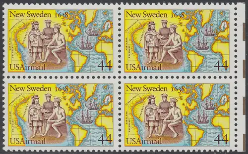 USA Michel 1974 / Scott C117 postfrisch BLOCK RÄNDER rechts (a3) - 350. Jahrestag der Gründung von Neu-Schweden; Kolonisten und Indianer beim Tauschhandel, Landkarten