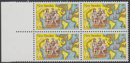 USA Michel 1974 / Scott C117 postfrisch BLOCK RÄNDER links (a1) - 350. Jahrestag der Gründung von Neu-Schweden; Kolonisten und Indianer beim Tauschhandel, Landkarten
