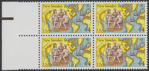 USA Michel 1974 / Scott C117 postfrisch BLOCK RÄNDER links (a2) - 350. Jahrestag der Gründung von Neu-Schweden; Kolonisten und Indianer beim Tauschhandel, Landkarten