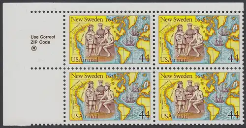 USA Michel 1974 / Scott C117 postfrisch ZIP-BLOCK (ul) - 350. Jahrestag der Gründung von Neu-Schweden; Kolonisten und Indianer beim Tauschhandel, Landkarten