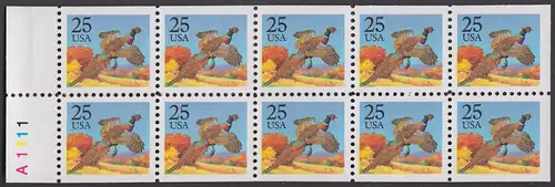 USA Michel 1975 / Scott 2283a postfrisch Markenheftchenblatt(10) m/ Platten-# - Tiere: Jagdfasan