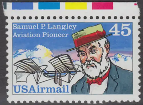 USA Michel 1977 / Scott C118 postfrisch EINZELMARKE RAND oben - Luftpost - Flugpioniere: Samuel P. Langley (1834-1906), Astrophysiker, Flugzeugkonstrukteur; Motorflugzeug Aerodrome No. 5 (1896)