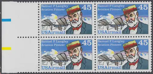 USA Michel 1977 / Scott C118 postfrisch BLOCK RÄNDER links - Luftpost - Flugpioniere: Samuel P. Langley (1834-1906), Astrophysiker, Flugzeugkonstrukteur; Motorflugzeug Aerodrome No. 5 (1896)