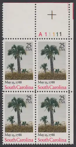 USA Michel 1979 / Scott 2343 postfrisch PLATEBLOCK ECKRAND oben rechts m/ Platten-# A11111 (b) - 200. Jahrestag der Ratifizierung der Verfassung durch den Staat South Carolina: Palmen am Strand