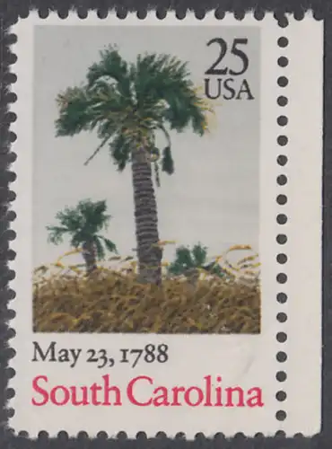 USA Michel 1979 / Scott 2343 postfrisch EINZELMARKE RAND rechts - 200. Jahrestag der Ratifizierung der Verfassung durch den Staat South Carolina: Palmen am Strand