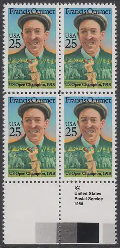 USA Michel 1983 / Scott 2377 postfrisch BLOCK RÄNDER unten m/ copyright symbol - Sportler: Francis Quimet (1893-1967), Golfspieler