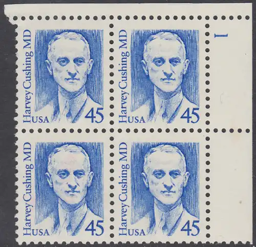 USA Michel 1984 / Scott 2188 postfrisch PLATEBLOCK ECKRAND oben rechts m/ Platten-# 1 - Amerikanische Persönlichkeiten: Harvey Cushing (1869-1939), Neurochirurg