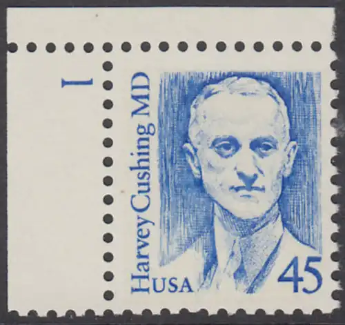 USA Michel 1984 / Scott 2188 postfrisch EINZELMARKE ECKRAND oben links m/ Platten-# 1 - Amerikanische Persönlichkeiten: Harvey Cushing (1869-1939), Neurochirurg