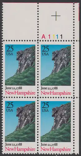 USA Michel 1985 / Scott 2344 postfrisch PLATEBLOCK ECKRAND oben rechts m/ Platten-# A1111 (b) - 200. Jahrestag der Ratifizierung der Verfassung durch den Staat New Hampshire: Felsformation Der alte Mann der Berge