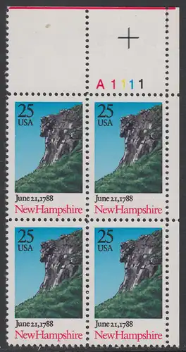 USA Michel 1985 / Scott 2344 postfrisch PLATEBLOCK ECKRAND oben rechts m/ Platten-# A1111 (a) - 200. Jahrestag der Ratifizierung der Verfassung durch den Staat New Hampshire: Felsformation Der alte Mann der Berge