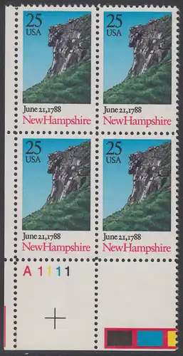 USA Michel 1985 / Scott 2344 postfrisch PLATEBLOCK ECKRAND unten links m/ Platten-# A1111 - 200. Jahrestag der Ratifizierung der Verfassung durch den Staat New Hampshire: Felsformation Der alte Mann der Berge