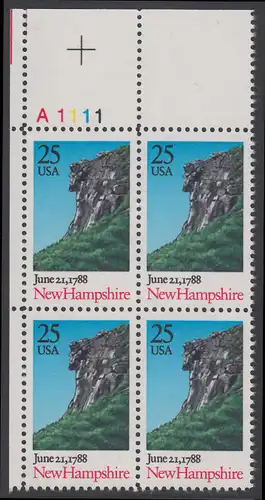 USA Michel 1985 / Scott 2344 postfrisch PLATEBLOCK ECKRAND oben links m/ Platten-# A1111 - 200. Jahrestag der Ratifizierung der Verfassung durch den Staat New Hampshire: Felsformation Der alte Mann der Berge