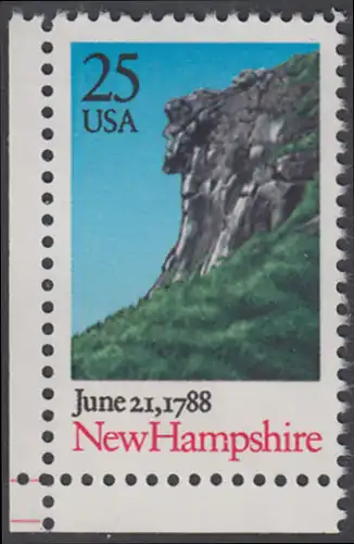 USA Michel 1985 / Scott 2344 postfrisch EINZELMARKE ECKRAND unten links - 200. Jahrestag der Ratifizierung der Verfassung durch den Staat New Hampshire: Felsformation Der alte Mann der Berge