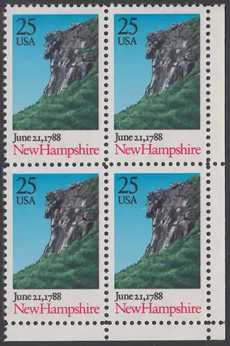 USA Michel 1985 / Scott 2344 postfrisch BLOCK ECKRAND unten rechts - 200. Jahrestag der Ratifizierung der Verfassung durch den Staat New Hampshire: Felsformation Der alte Mann der Berge