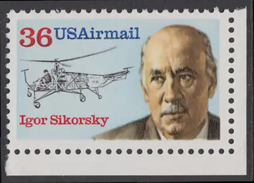 USA Michel 1986 / Scott C119 postfrisch EINZELMARKE ECKRAND unten rechts - Luftpost - Flugpioniere: Igor Sikorsky (1889-1972), Flugzeugbauer; Hubschrauber VS-300