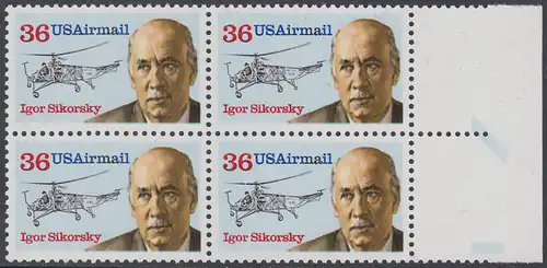 USA Michel 1986 / Scott C119 postfrisch BLOCK RÄNDER rechts - Luftpost - Flugpioniere: Igor Sikorsky (1889-1972), Flugzeugbauer; Hubschrauber VS-300