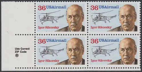 USA Michel 1986 / Scott C119 postfrisch ZIP-BLOCK (ll) - Luftpost - Flugpioniere: Igor Sikorsky (1889-1972), Flugzeugbauer; Hubschrauber VS-300