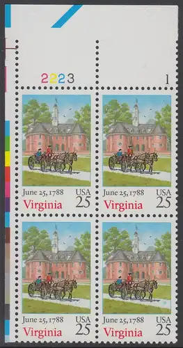 USA Michel 1987 / Scott 2345 postfrisch PLATEBLOCK ECKRAND oben links m/ Platten-# 2223 - 200. Jahrestag der Ratifizierung der Verfassung durch den Staat Virginia: Capitol-Gebäude im Colonial National History Park, Williamsburg