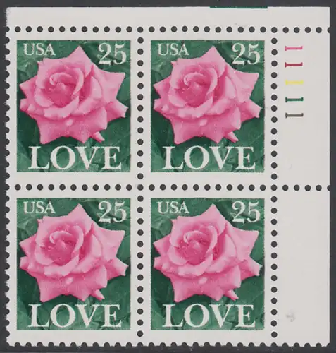 USA Michel 1988 / Scott 2378 postfrisch PLATEBLOCK ECKRAND oben rechts m/ Platten-# 11111 (b) - Grußmarke: Rose