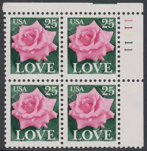 USA Michel 1988 / Scott 2378 postfrisch PLATEBLOCK ECKRAND oben rechts m/ Platten-# 11111 (a) - Grußmarke: Rose