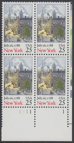 USA Michel 1992 / Scott 2346 postfrisch PLATEBLOCK ECKRAND unten rechts m/ Platten-# 1 - 200. Jahrestag der Ratifizierung der Verfassung durch den Staat New York: Wallstreet mit Federal Hall und Trinity Church, New York